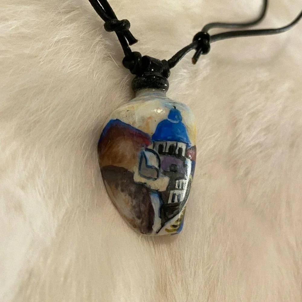 Vtg Shell Hand Painted‎ Necklace Light House Sea Shore Beach Adjustable 5206